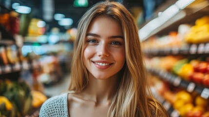 A smiling girl among bright fruit and vegetable stalls embodies joy and health, creating a lively backdrop for advertising organic products or a healthy lifestyle.