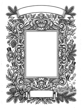 Vintage black and white frame with angels, nutcrackers, holly, and a winter town, suitable for festive compositions and design.