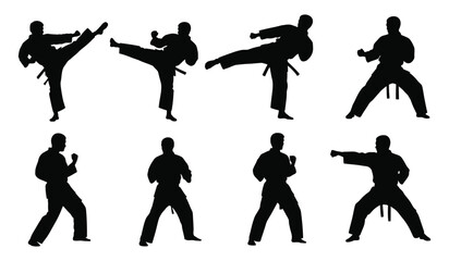 Set of karate fighters silhouettes in various martial arts poses, including kicks and punches, on white background