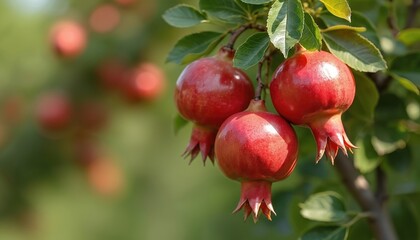 Ripe red pomegranates grow on a tree branch in an orchard. Green leaves surround the fresh, juicy fruits on a sunny day. The healthy produce is ready for harvest.