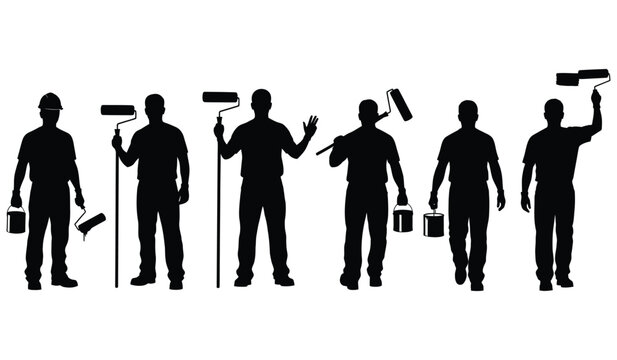 Set of seven painter silhouettes with tools vector illustration collection isolated on white background various poses