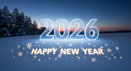 Icy numbers "2026" with text "Happy New Year", on snowy field before forest, under twilight sky, representing upcoming year celebration and festive season