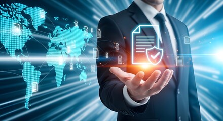 Illustration of businessman holding a glowing icon of a secure document with a shield and checkmark against a futuristic blue digital world map background