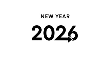 A minimalist design featuring the text 'NEW YEAR 2026' in bold black font on a white background with an arrow pointing right.