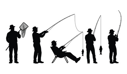 Silhouette set of fishermen in various poses including standing with net, casting rod, sitting, and catching fish outdoor activity