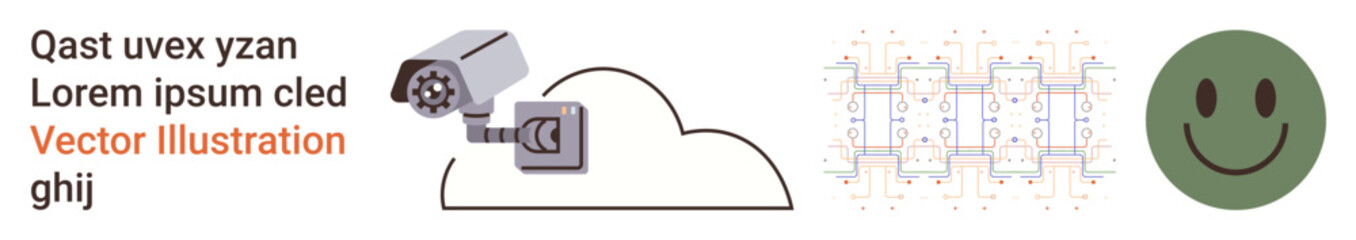 Fototapeta premium Cloud computing, network security, IoT, surveillance systems, data connectivity, online communication. A surveillance camera cloud connection and a data grid with a happy face. Ideal for cloud