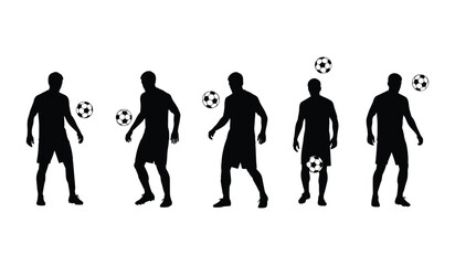 Silhouette vector illustrations of male soccer players in various poses playing with footballs showcasing diverse actions and movements