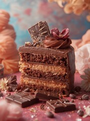 A slice of decadent chocolate layer cake sits on a pink surface. The rich, moist dessert has creamy filling and a chocolate frosting topping with floral decorations.