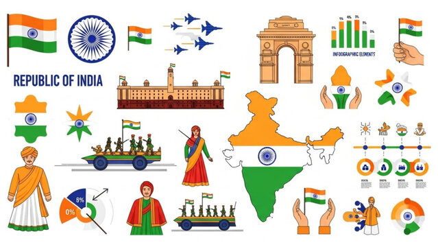 Republic of India icons and symbols national landmarks and cultural elements vector illustration for