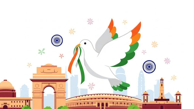 Dove with Indian flag ribbon flies over New Delhi landmarks symbolizing peace and freedom vector ill