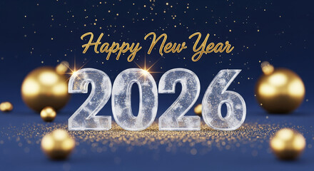 Clear ice numeral "2026" with golden text "Happy New Year", against a dark blue backdrop with golden orbs, representing celebration and festive spirit