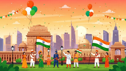 Indian Independence Day celebration people in traditional attire with flags and balloons cityscape b © Ehtasham