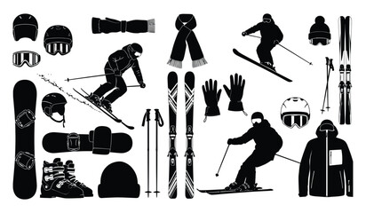 Skiing and snowboarding equipment set winter sports collection includes helmet goggles jacket skis snowboard poles vector illustration