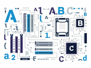 Abstract digital circuit board design with letters and symbols for technology concept