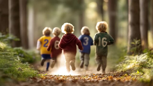 Children running through forest in colorful jerseys on autumn day