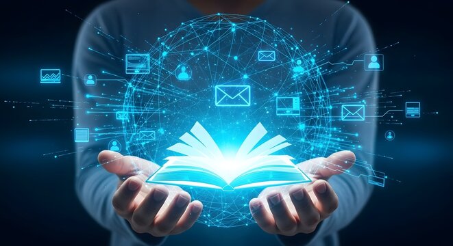 Illustration of person holding glowing open book radiating digital network sphere with communication icons, symbolizing knowledge and technology connection - Powered by Adobe