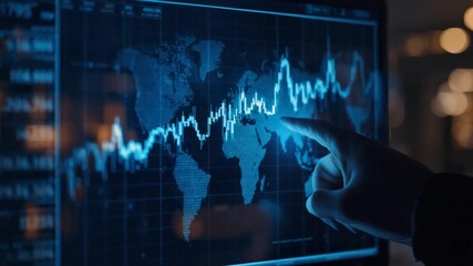 Close-up of hand pointing at stock market graph on computer screen with world map overlay monitor - Powered by Adobe