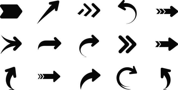 Collection of black arrow icons in various shapes and directions  on transparent  background