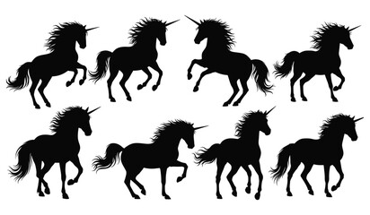 Unicorn horse silhouettes in magical and dynamic poses, a whimsical collection for fantasy themes and enchanting designs