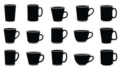 Variety of coffee mugs cups and glassware in black silhouette for hot beverages and drinks collection