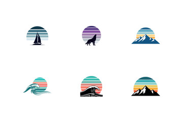 Retro Sunset Nature Emblem Set featuring Mountains Ocean Waves Sailboat and Wolf Silhouettes