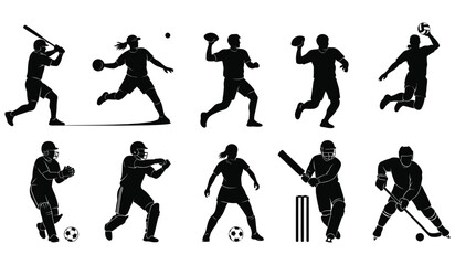 Various baseball softball cricket and ice hockey players in action poses including batting throwing catching and running black silhouette set