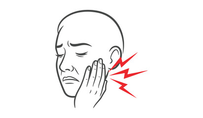 Vector line art illustration depicting a person experiencing severe ear pain or toothache with red lightning bolts symbolizing intense discomfort
