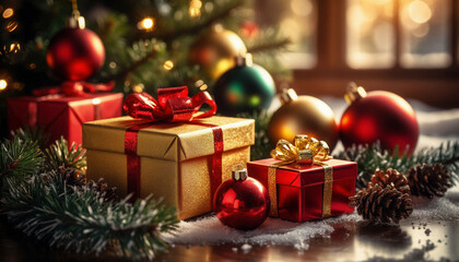 Beautiful New Year's background with gifts, Christmas balls and tinsel.