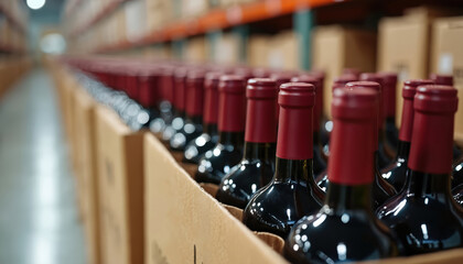 Naklejka premium Rows of red wine bottles in cardboard boxes await shipping in a large warehouse. Many bottles are stacked in crates. Goods are ready for distribution.