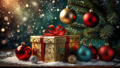 Beautiful New Year's background with gifts, Christmas balls and tinsel.