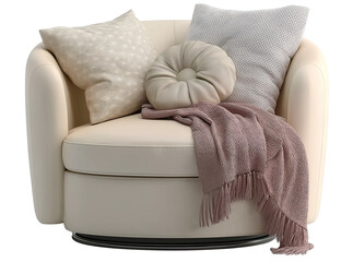 Cream armchair with decorative pillows and throw isolated on a transparent background 1
