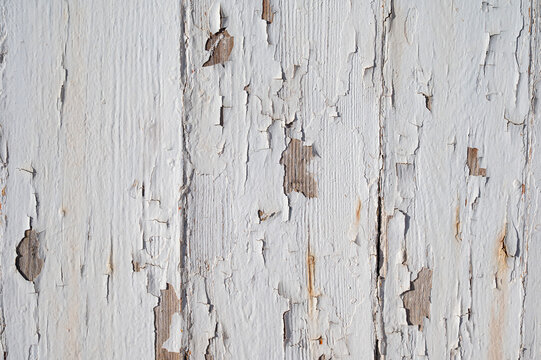 Grey weathered old wooden planks with peeling paint, captured as a textured background showing age and material character Birżebbuġa, Malta, 6 DEC 2025.