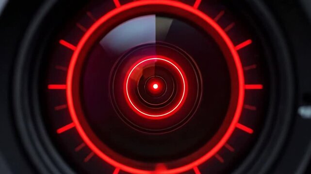 Close-Up View of Black Camera with Glowing Red Lens on Dark Background and Concentric Light Rings