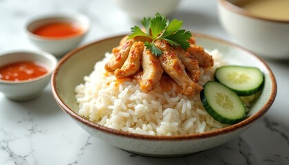 Steamed rice topped with tender chicken slices and cucumber garnish. Served with chili sauce and clear broth. This dish offers a delicious and satisfying meal experience.