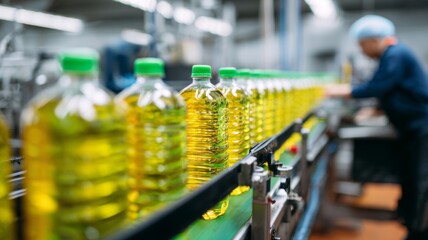 A worker is standing in front of a line of bottles of oil