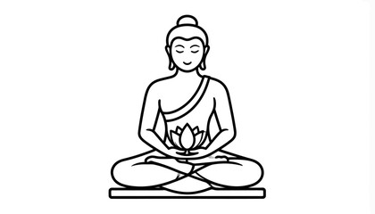 Simple line art illustration of Buddha in lotus position holding a lotus flower.