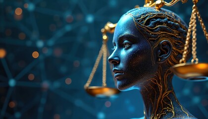 An AI head with golden scales of justice balanced on its head. Digital art shows a robotic face with circuits and futuristic design symbolizing AI law and ethical judgment.