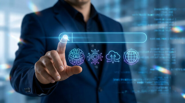 Professional man pointing at search bar with ai and cloud computing icons for technology discovery,innovative software development and digital transformation,internet search engine optimization - Powered by Adobe