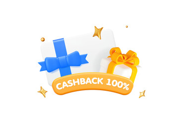 3d white gift box with coupon card, cashback concept. Square banner for promotion. Stock vector illustration on white isolated background.