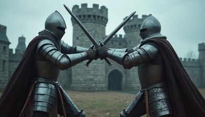 Two knights in metal armors duel with swords outside medieval castle walls. Warriors wear helmets, chainmail, and cloaks in a fight. Knights prepare for combat on rainy day.