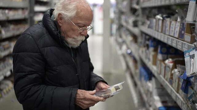 Senior man looks closely at items while shopping for tools and supplies at a large hardware store during daytime hours