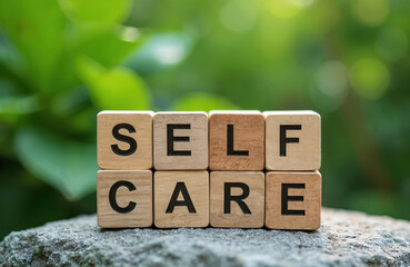Wooden blocks spell out SELF CARE on rock with blurred green nature background. Positive message promotes personal well-being and mental health awareness.