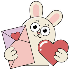 Cute Bunny Holding Love Letter and Heart Valentine Cartoon Illustration Isolated on Transparent Background