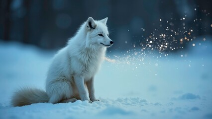 The white fox in the snowy realm sits quietly amidst the crystal dust