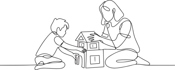 One single line drawing of young mom playing with her son building a house from foam puzzle block toy, parenting vector illustration. Happy family playing together concept. one line Icon drawing