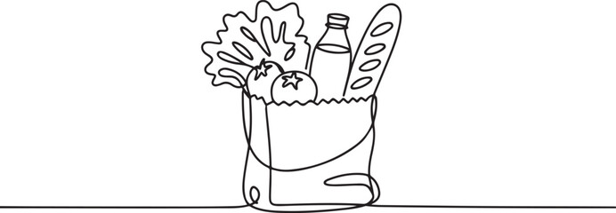 One continuous line drawing of fresh delicious vegetables, milk, baguette, and bread inside paper grocery bag. Staple food concept. one line Icon drawing