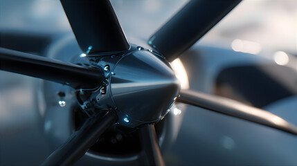Close up of an eVTOL propeller with metallic surface and integrated lights. Urban air mobility and advanced air travel technology concept.