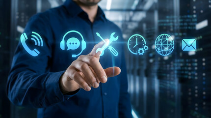 IT support engineer touching virtual service icons in server room background,technical assistance and customer service with communication and maintenance tools for infrastructure