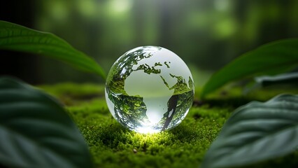 Crystal globe glass on green moss in forest to protect nature Save and care World for sustainable. concept of the environment ecology and Earth Day. eco environment and ESG concept.
