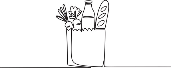 One continuous line drawing of fresh delicious vegetables, milk, baguette, and bread inside paper grocery bag. Staple food concept. one line Icon drawing